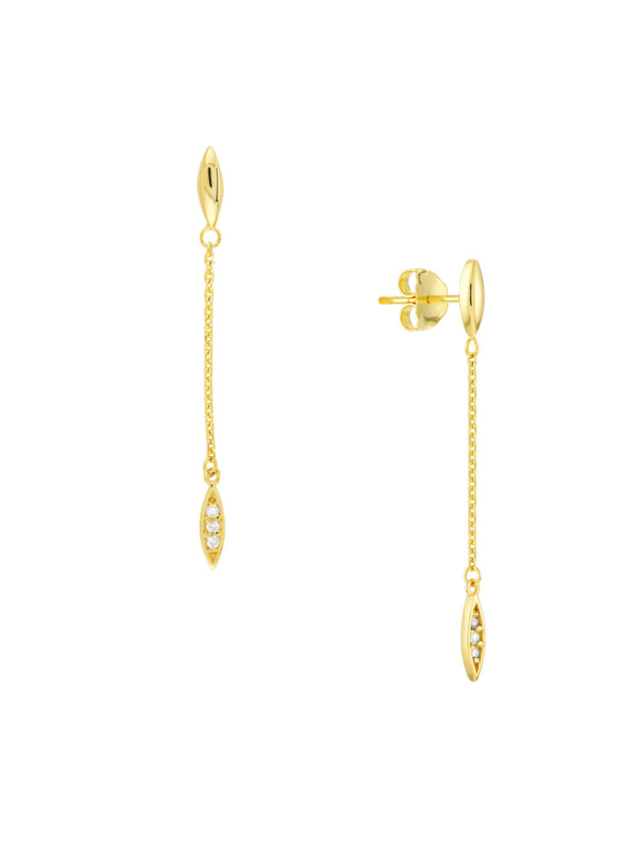 Diamond and Polished Marquise Drop Earrings - 14K Yellow Gold - by Dazyle