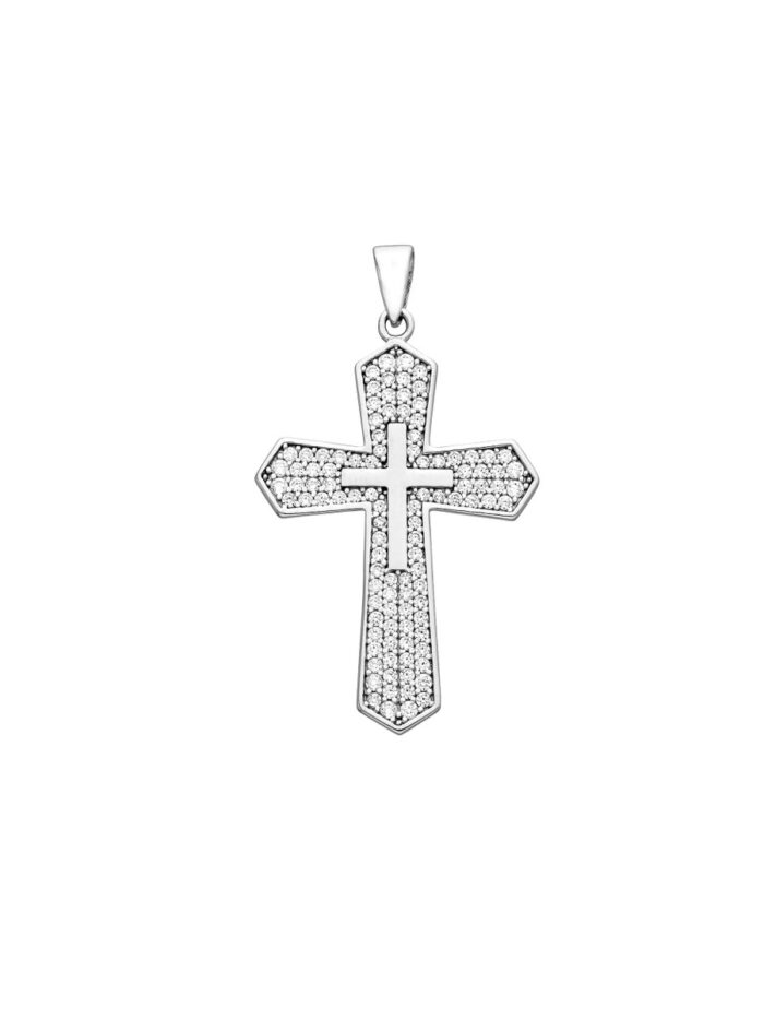 10K White Gold Large CZ Cross and Small Cross Pendant - Bail Closure - by Dazyle