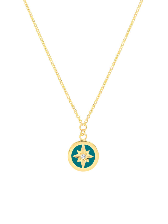Turquoise Enamel Star Medallion Necklace - 14K Yellow Gold 18 inches - by Dazyle