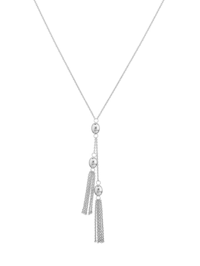 Sterling Silver Diamond-Cut Oval Tassel Y-Necklace - Sterling Silver - 18 Inches - by Dazyle