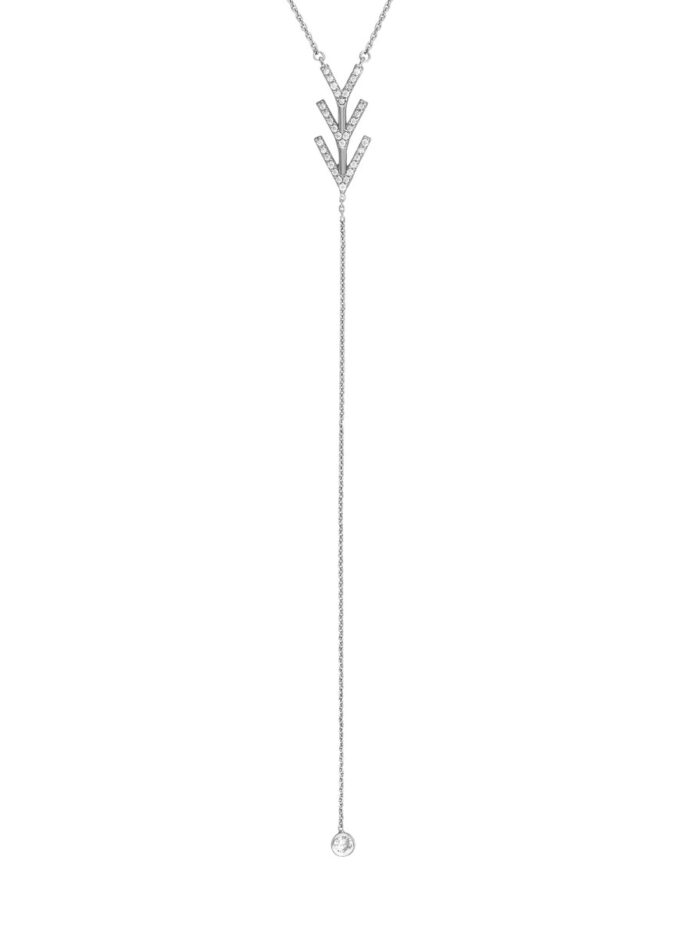 Sterling Silver Chevron with CZ Drop Lariat Necklace - Rhodium Plated - 18 Inches - by Dazyle