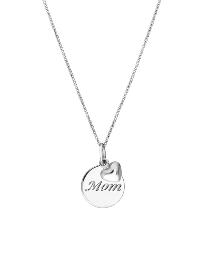 Sterling Silver Mom Disk Pendant Necklace with Dangle Heart - Sterling Silver - 18 Inch - by Dazyle