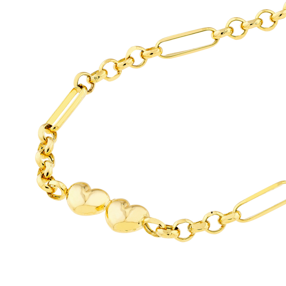 Double Puff Heart Paper Clip Bracelet - 14K Yellow Gold 7.5 Inch - by Dazyle - Image 3