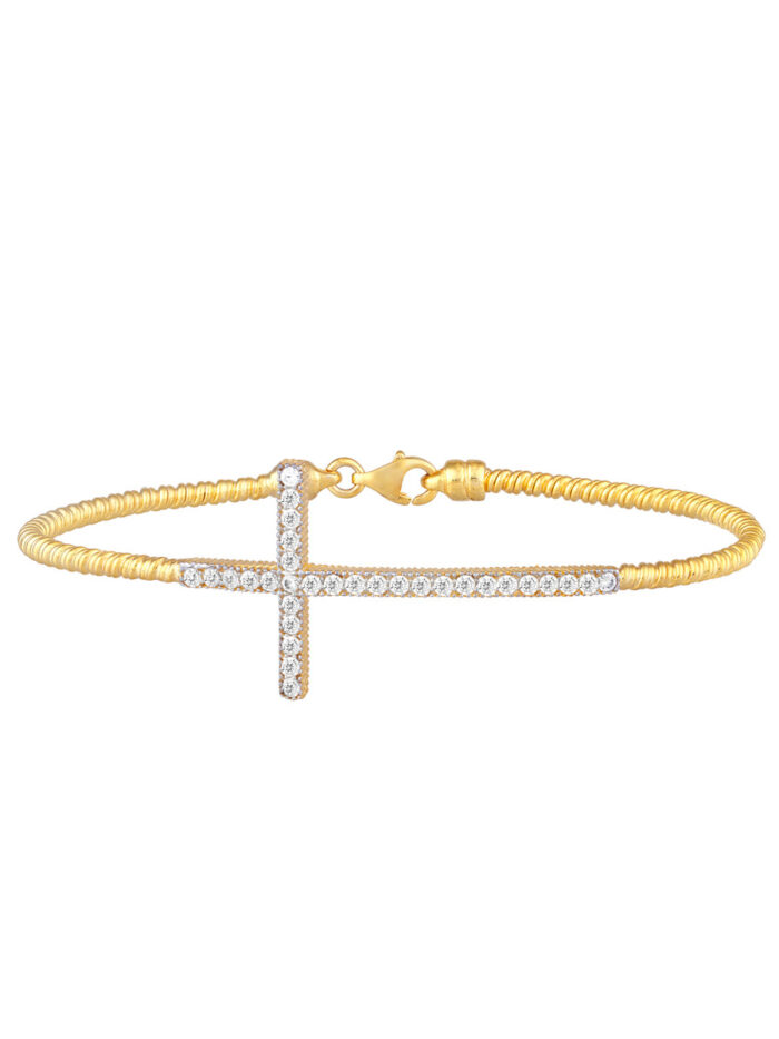 Sterling Silver CZ Cross Bracelet - Yellow Gold Plated - 7 inches - by Dazyle