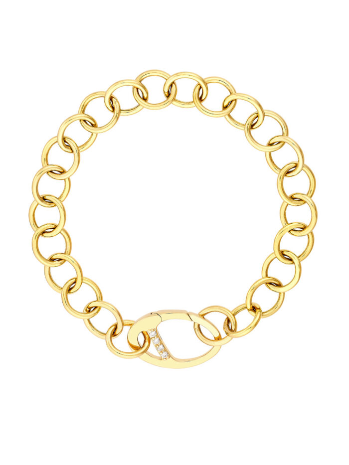 Round Link Bracelet with Diamond Push Lock - 14K Yellow Gold - 7.5 Inch - by Dazyle