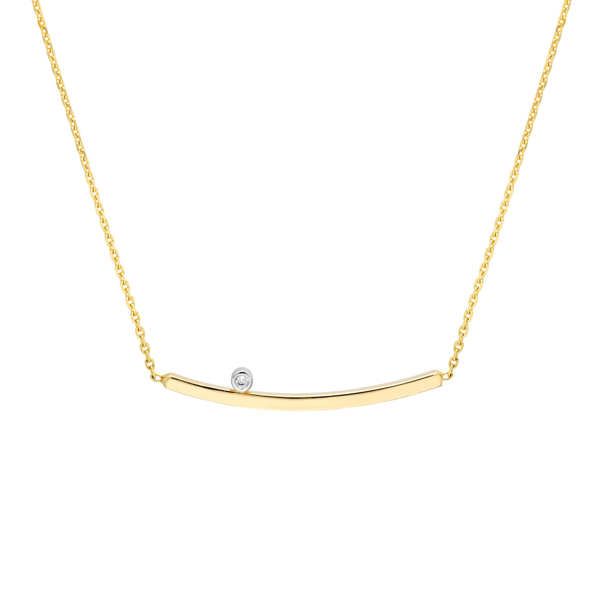 Thin Curved Bar Necklace with 1pt Diamond - 14K Yellow & White Gold - Adjustable 18 Inch - by Dazyle