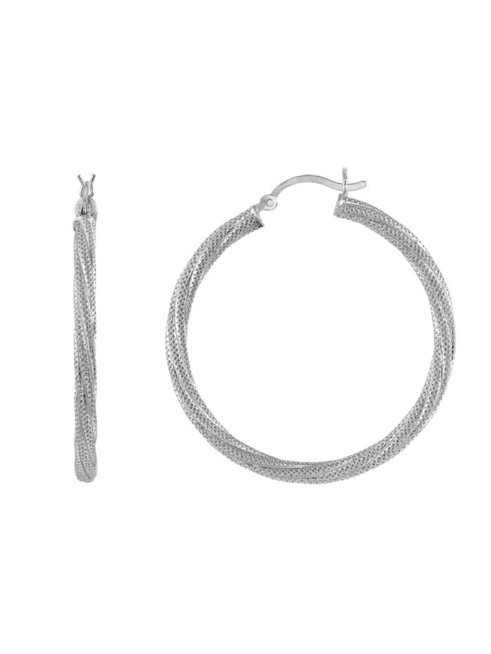 Sterling Silver Twisted Hoop Earrings - Rhodium Plated - Hinge Closure - by Dazyle