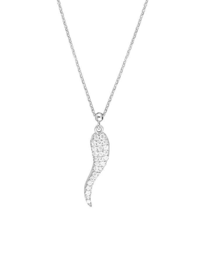 Sterling Silver CZ Italian Horn Adjustable Necklace - Sterling Silver - 18 Inch Adjustable - by Dazyle