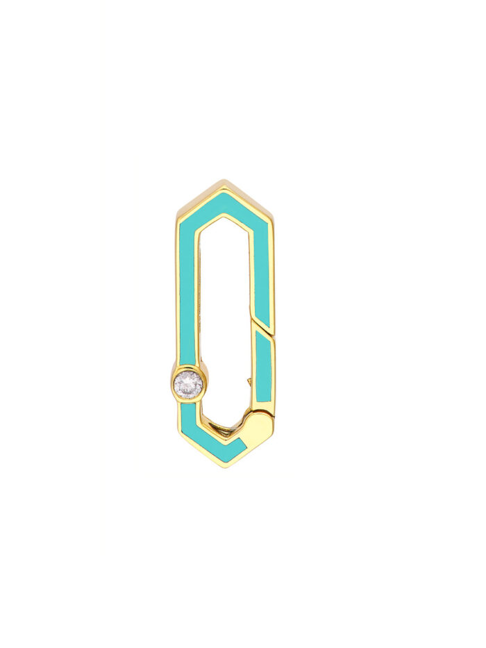 Diamond Bezel Turquoise Enamel Hexagon Push Lock - 14K Yellow Gold - by Dazyle