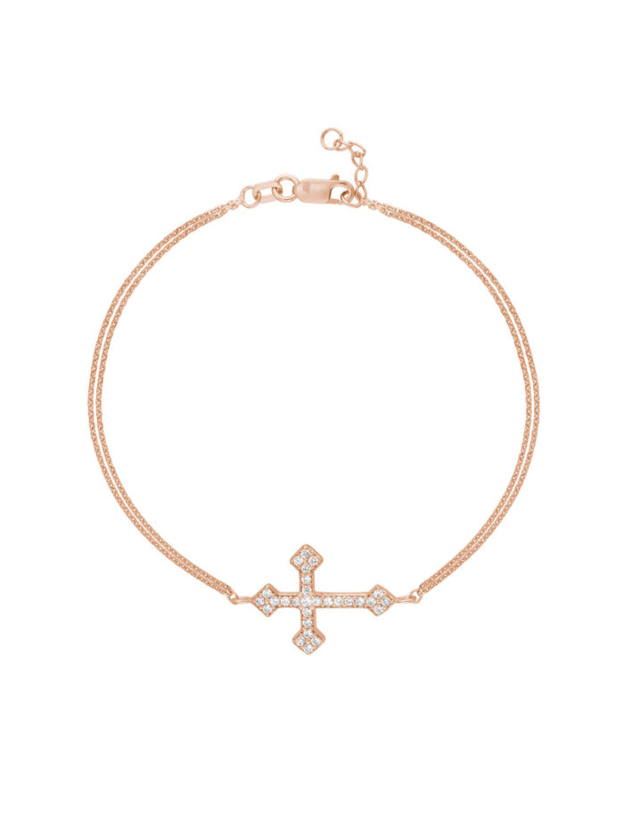 Rose Gold Plated Sterling Silver Sideways CZ Cross Bracelet - Adjustable - by Dazyle