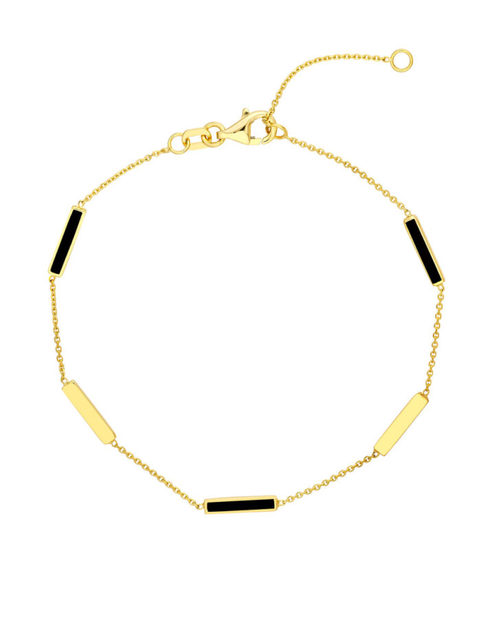 Black Enamel Alternating Bar Bracelet 14K Yellow Gold Adjustable Cable Chain Bracelet - 14K Yellow Gold - 7.25 Inch - by Dazyle