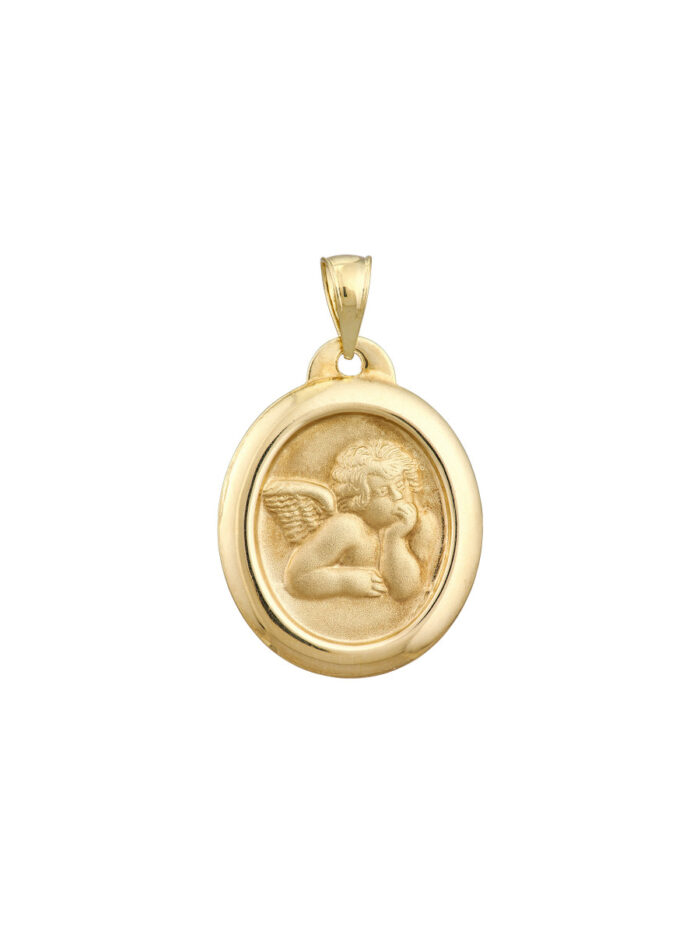 Framed Cupid Medal - 14K Yellow Gold Oval Religious Pendant Charm - by Dazyle