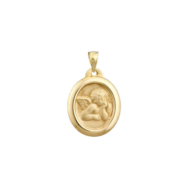 Framed Cupid Medal - 14K Yellow Gold Oval Religious Pendant Charm - by Dazyle