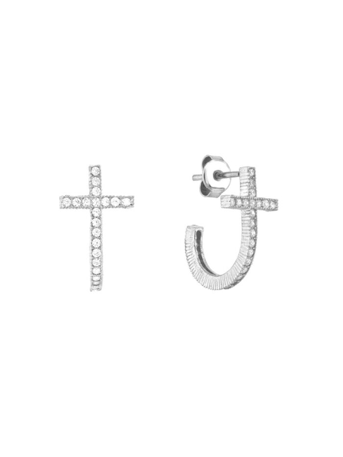 Sterling Silver CZ Curved Cross Stud Earrings - Sterling Silver - by Dazyle