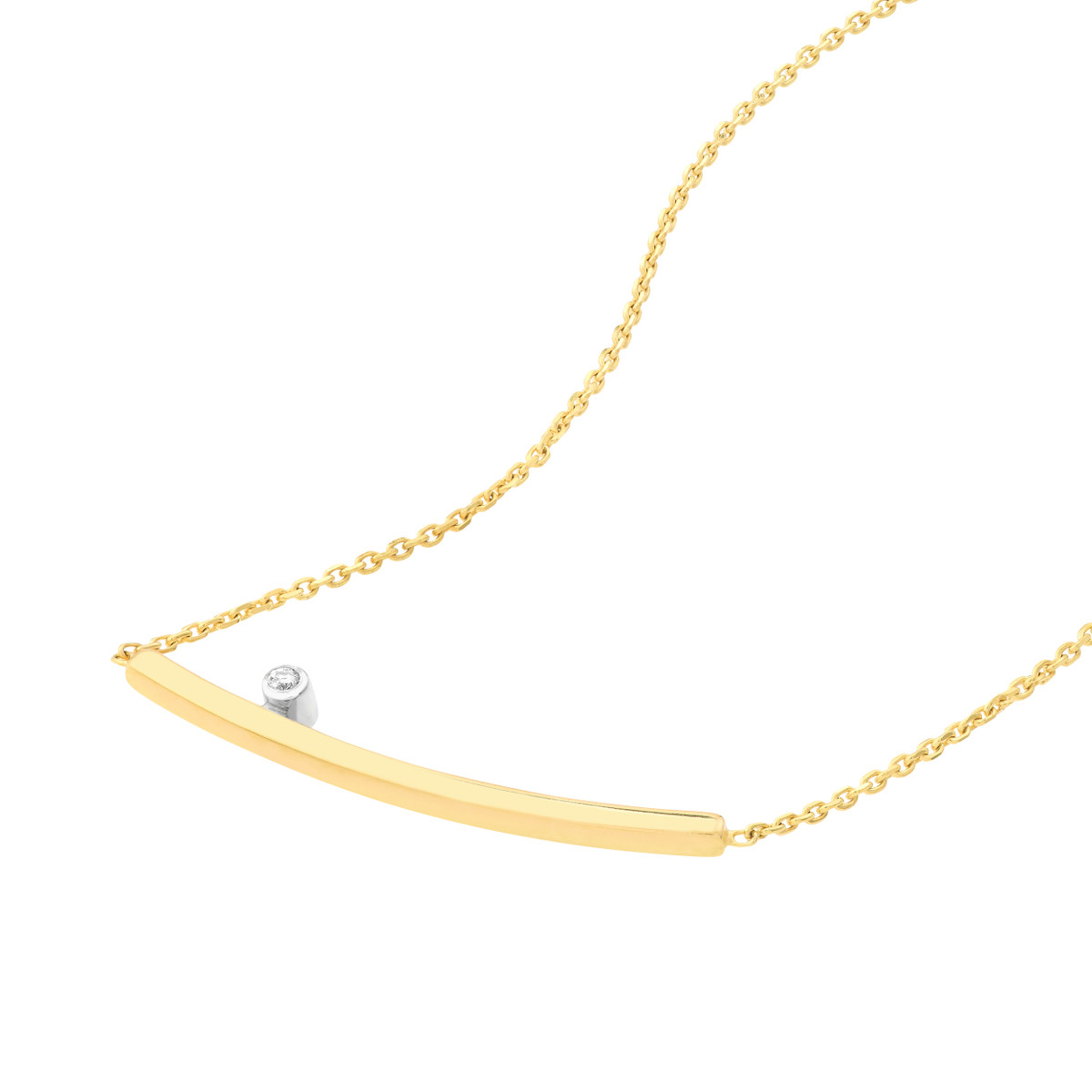 Thin Curved Bar Necklace with 1pt Diamond - 14K Yellow & White Gold - Adjustable 18 Inch - by Dazyle - Image 2