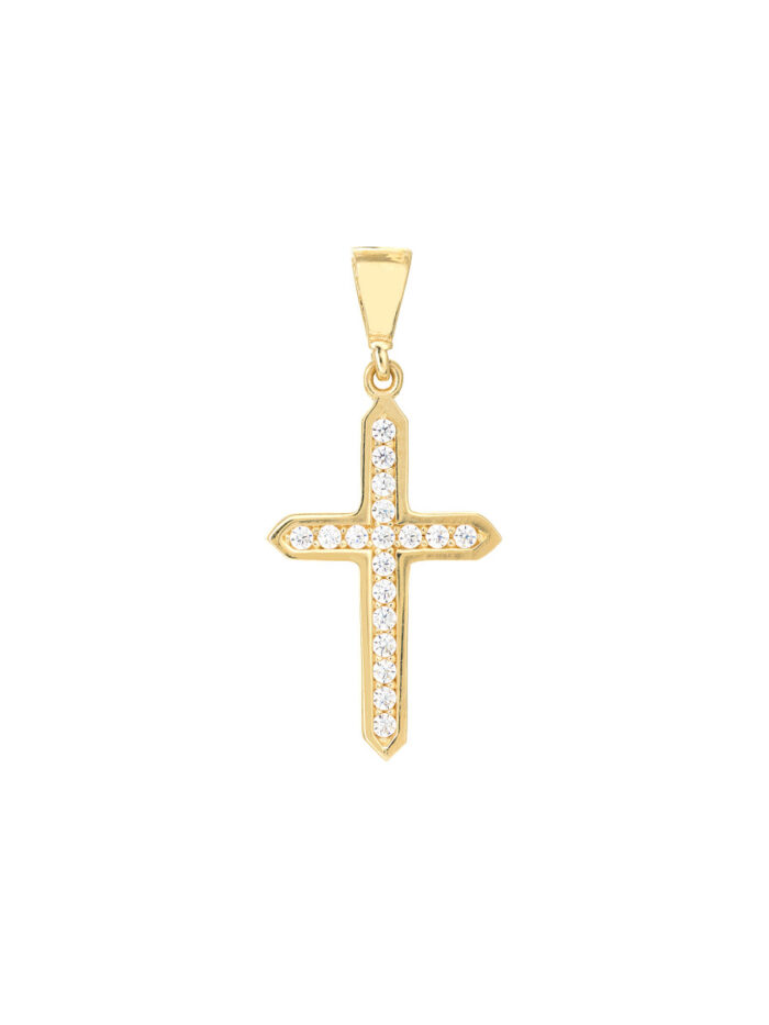 14K Yellow Gold Framed Mini Cross Pendant with CZ Stones - Charm Pendant - by Dazyle