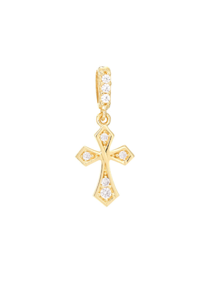 14K Yellow Gold Pointed Edge Mini Cross Pendant with CZ Stones - Charm Pendant - by Dazyle
