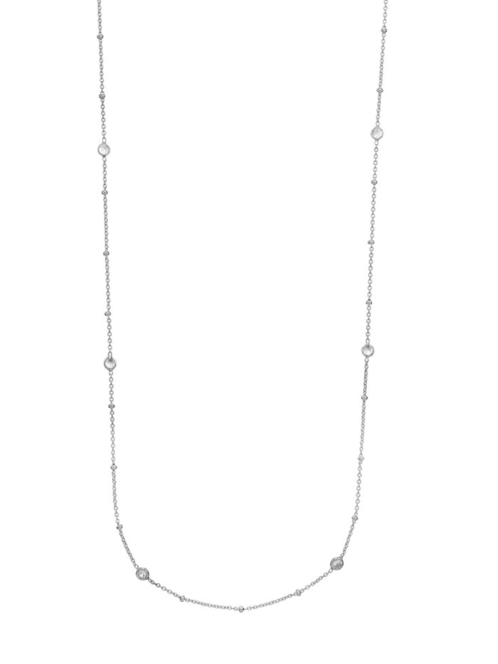 Sterling Silver Mini Bead and CZ Bezel Station Long Necklace - Sterling Silver - 36 Inch - by Dazyle