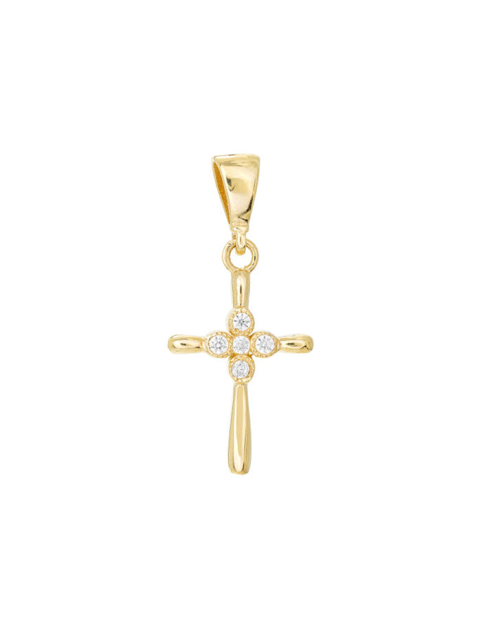 14K Yellow Gold Mini Cross Pendant with Four CZ Stones - Charm Pendant - by Dazyle